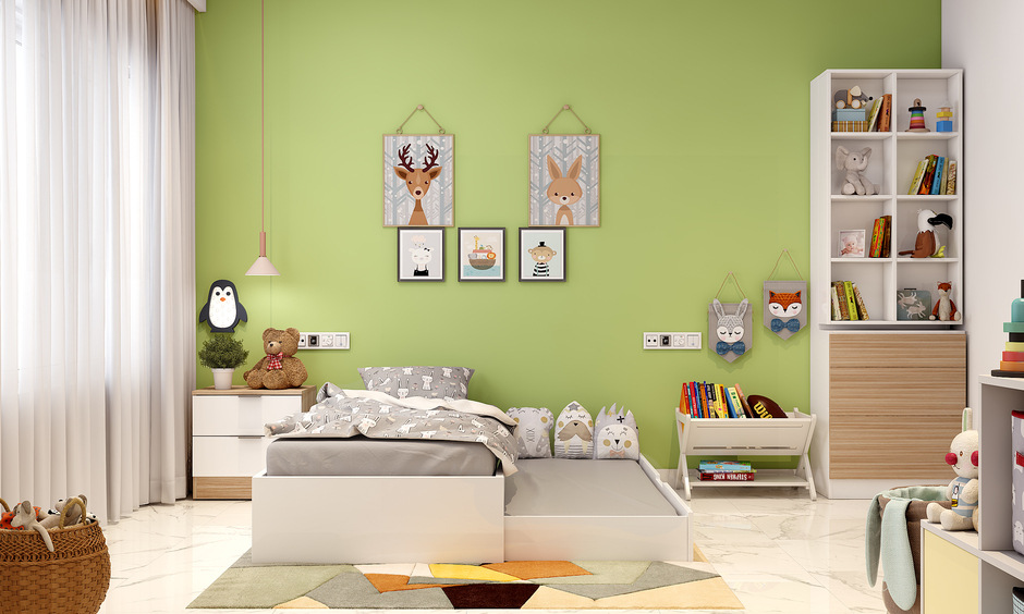 a kids bedroom with an open trundle bed