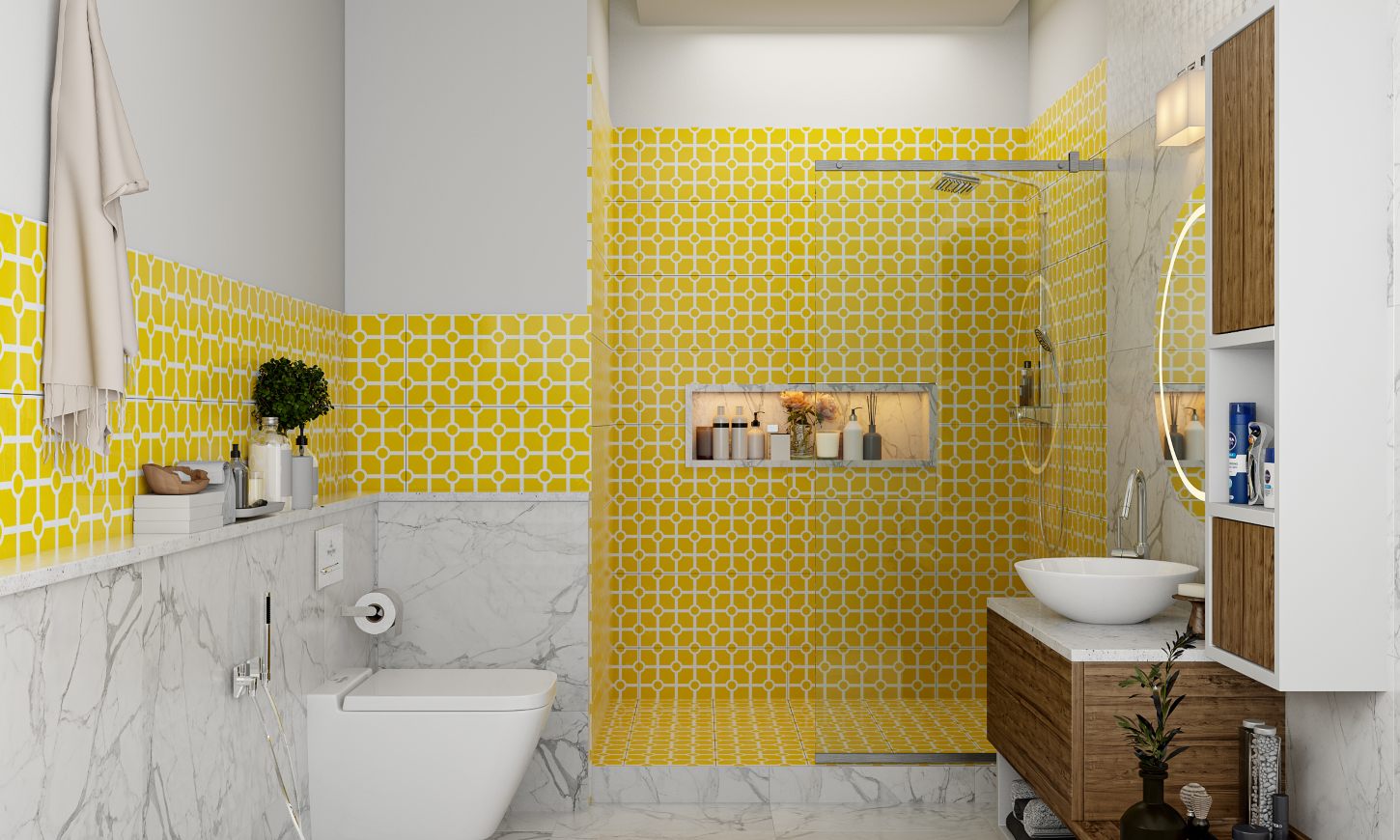 Bathroom designers in bangalore to make a bathroom design with yellow patterned tiles
