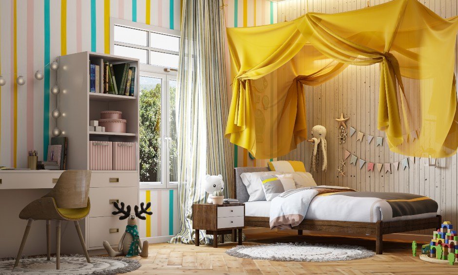 Kids room design with a single bed and a bright yellow canopy
