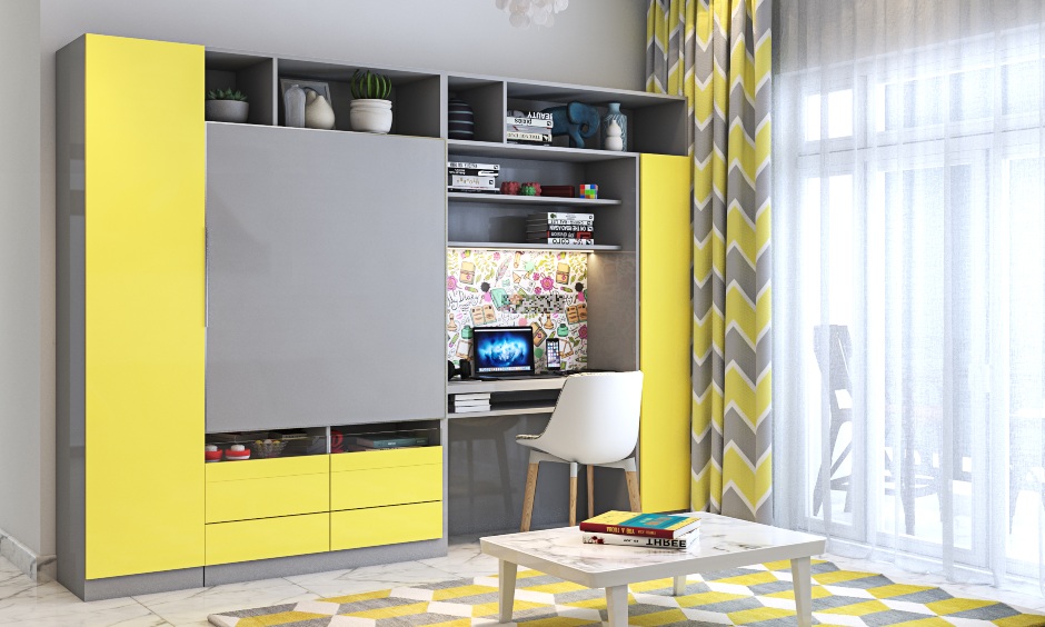 Living room interior design with a study unit attached to tv unit in yellow and grey