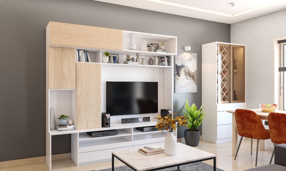 Living room interior with compact white laminated bar unit near the dining area