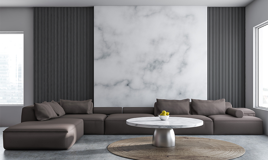 Living room marble wall design infuses a luxury look