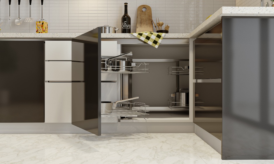 A magic corner unit is a innovative storage design for g layout kitchens