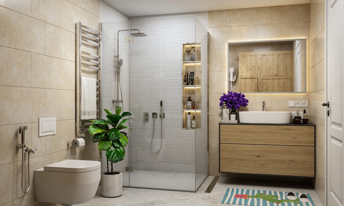 Modern bathroom design with shower unit with glass partition