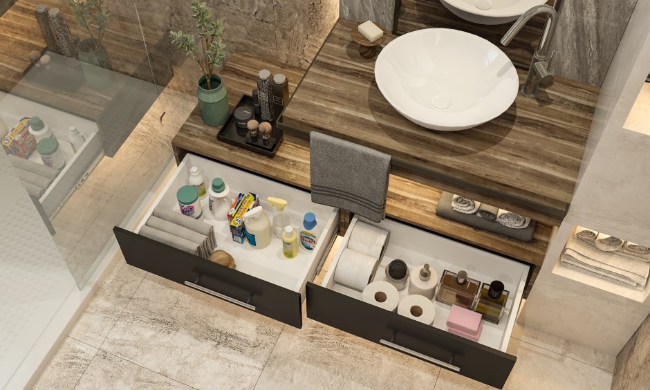 Bathroom design images in sleek modern style bathroom with a floating vanity with drawers