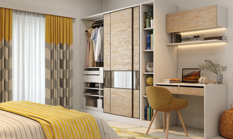 Sliding wardrobe design comes with a special locker compartment and open cabinets for shirts and dresses