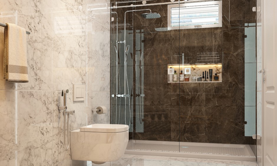 Small bathroom design in modern style with a shower area with a glass partition