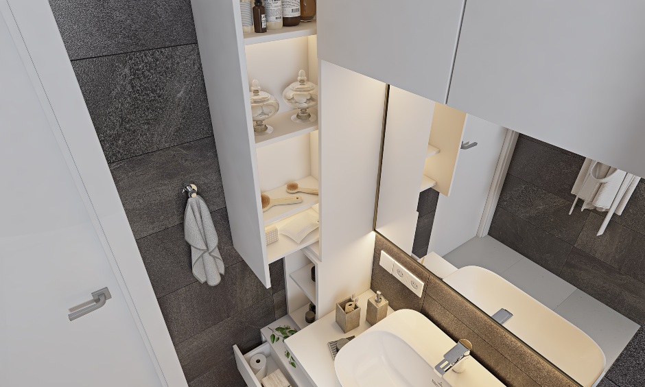Small bathroom interior designs with a tall customized vanity unit with cabinets, drawers and storage