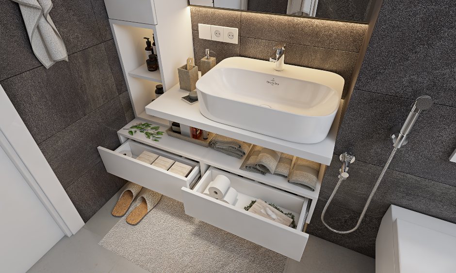 Small bathroom interior design with pull out unit and drawers