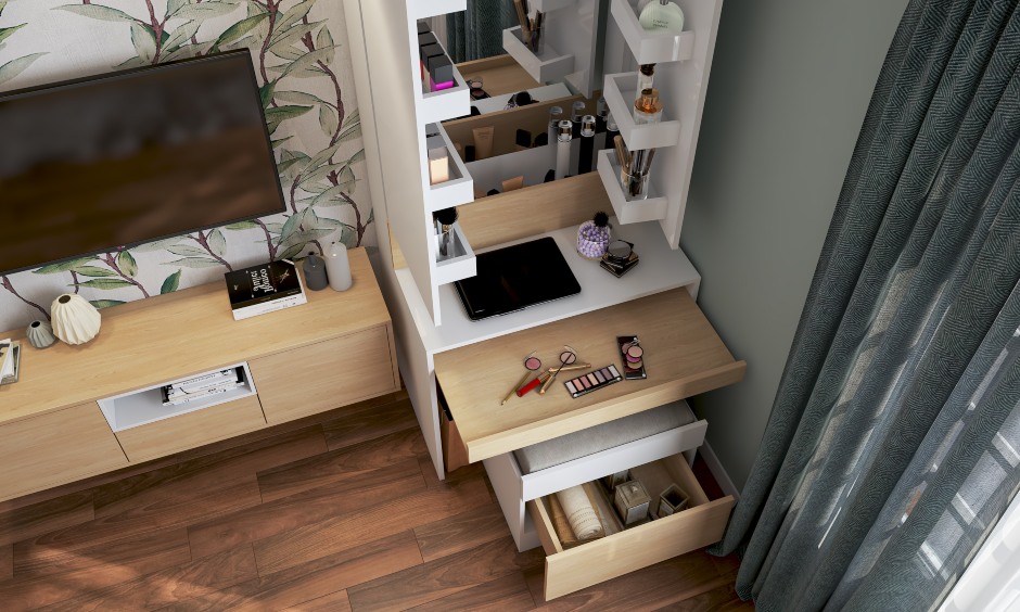 Space saving storage with in-built drawer storage and pull out tray gives you best space saving bedroom