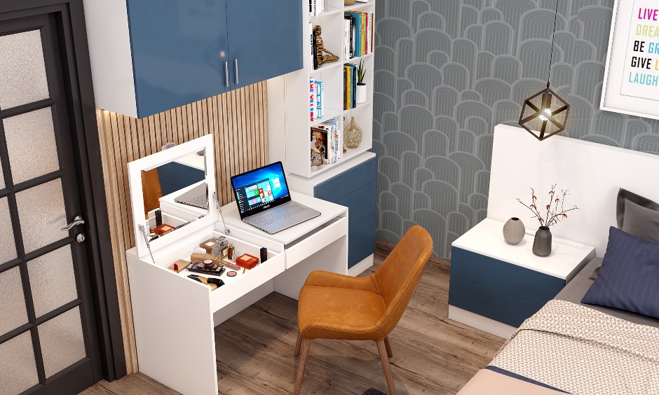 A study desk opens to reveal a hidden mirror and vanity unit with space for storing beauty essentials