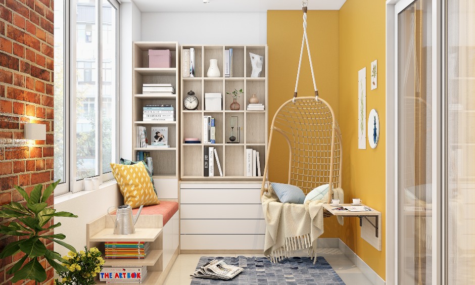 Stylish balcony design with a book cabinet and a hanging swing