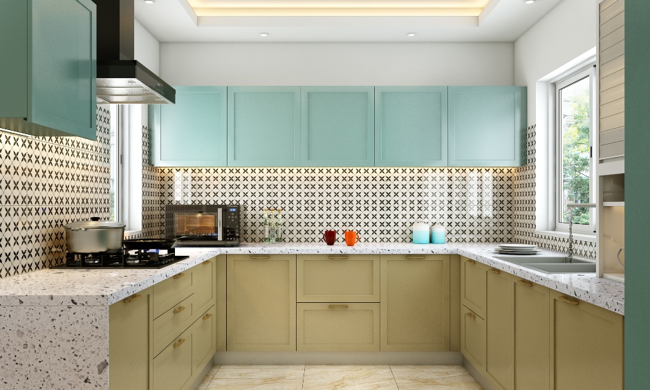 U-shaped kitchen layout in pastel shades for a youthful and vibrant look