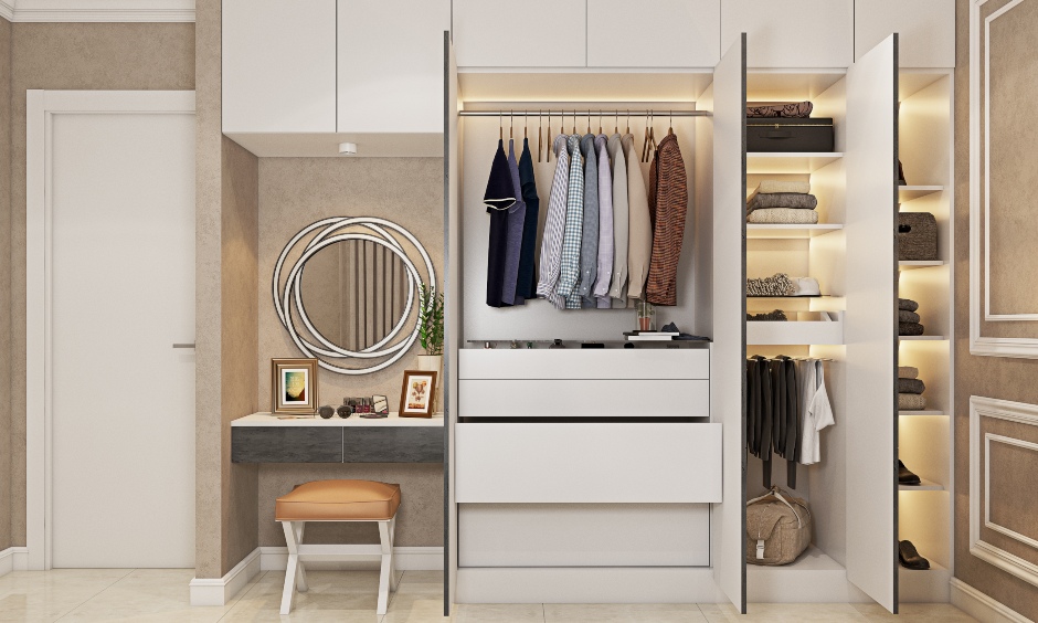 A wardrobe finish in slate with an attached open shelf offer to store shoes and accessories