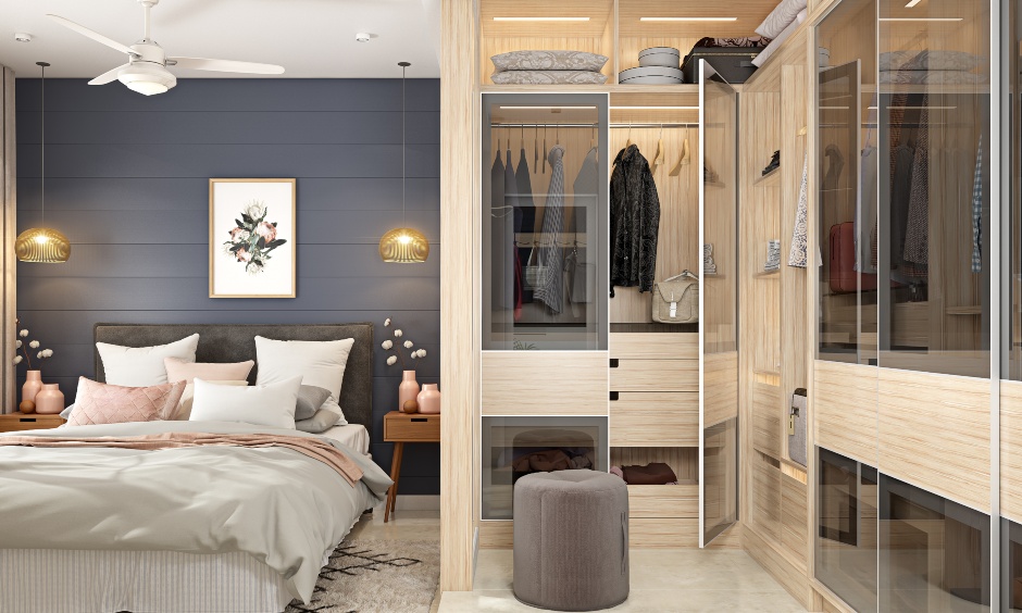 The wardrobe has multiple compartments for a better organisation with a glass shutter