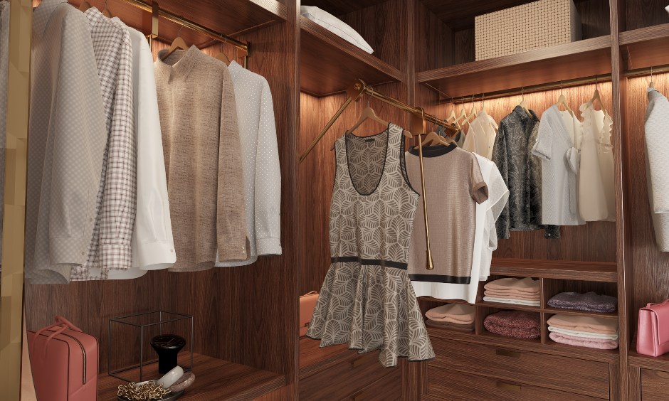 This wood walk-in wardrobe design with various options to store your clothing and accessories