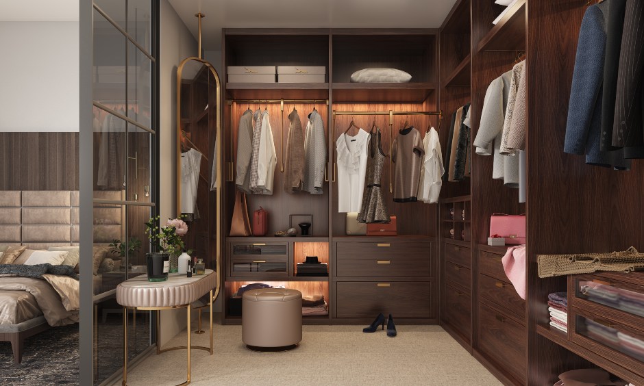 Master bedroom wardrobe with multiple drawers and open shelves for extra storage